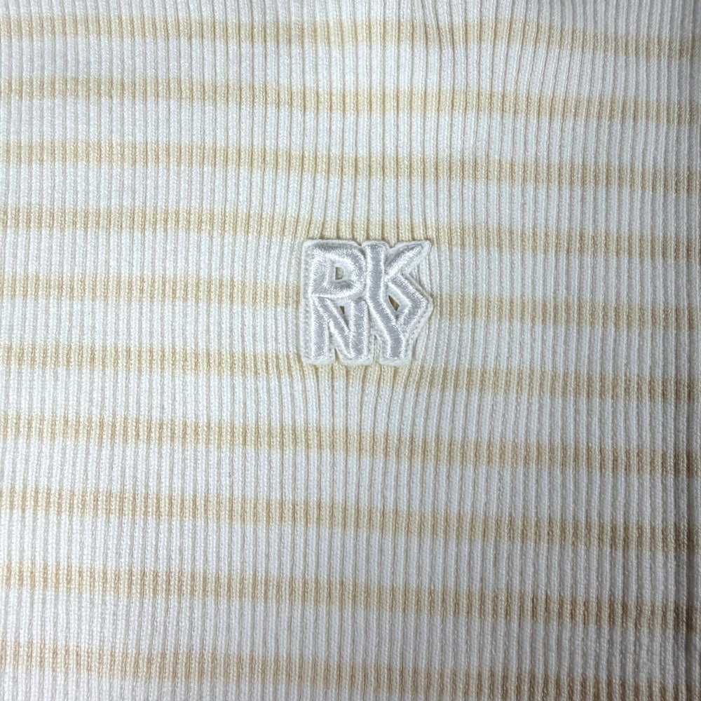 DKNY Jeans Womens LP White Tan Striped Ribbed Knit Short Sleeve Top NWT - Picture 7 of 11